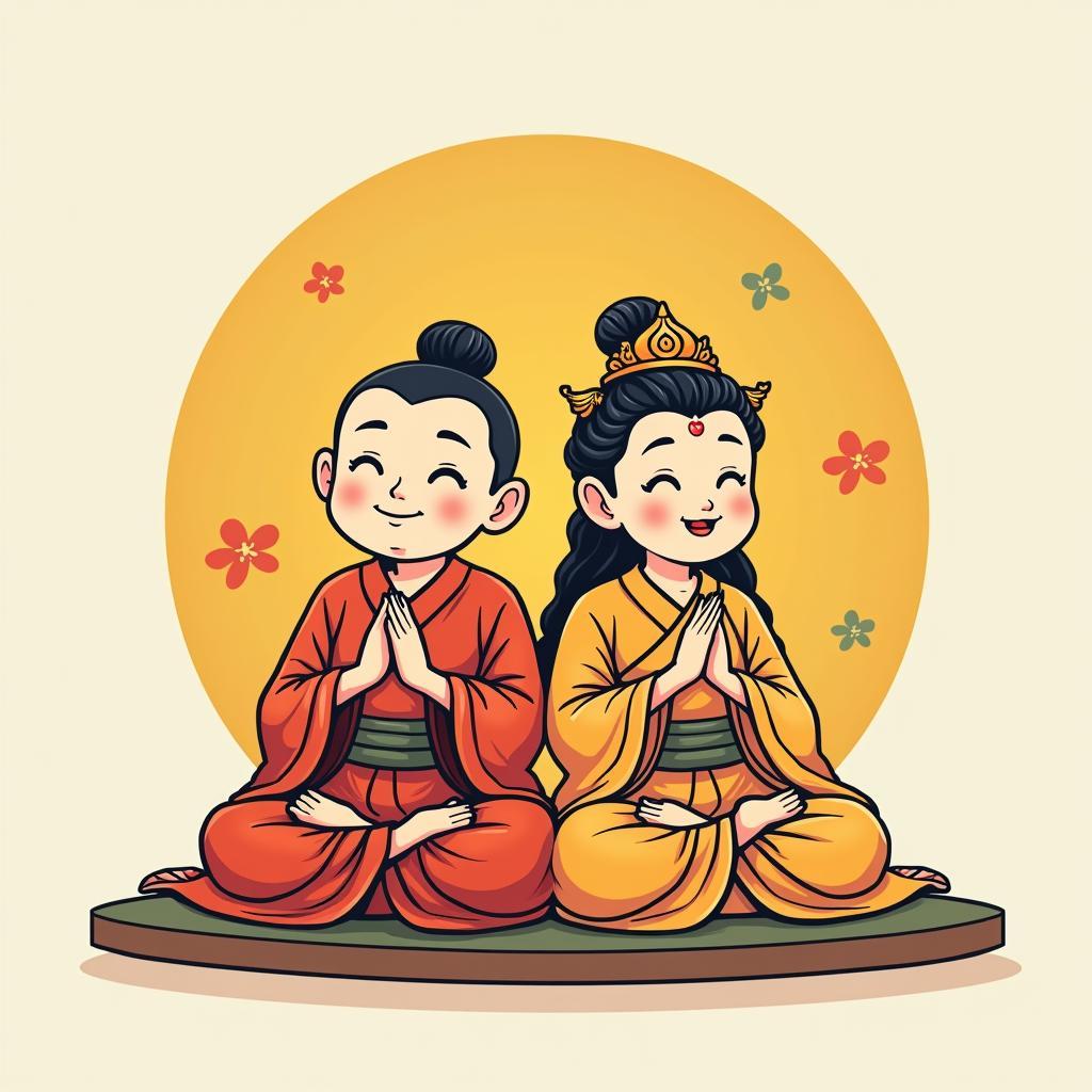 Hinh anh cap Than Tai Ong Dia ngoi canh nhau, the hien mong uoc tai loc va binh an dong day